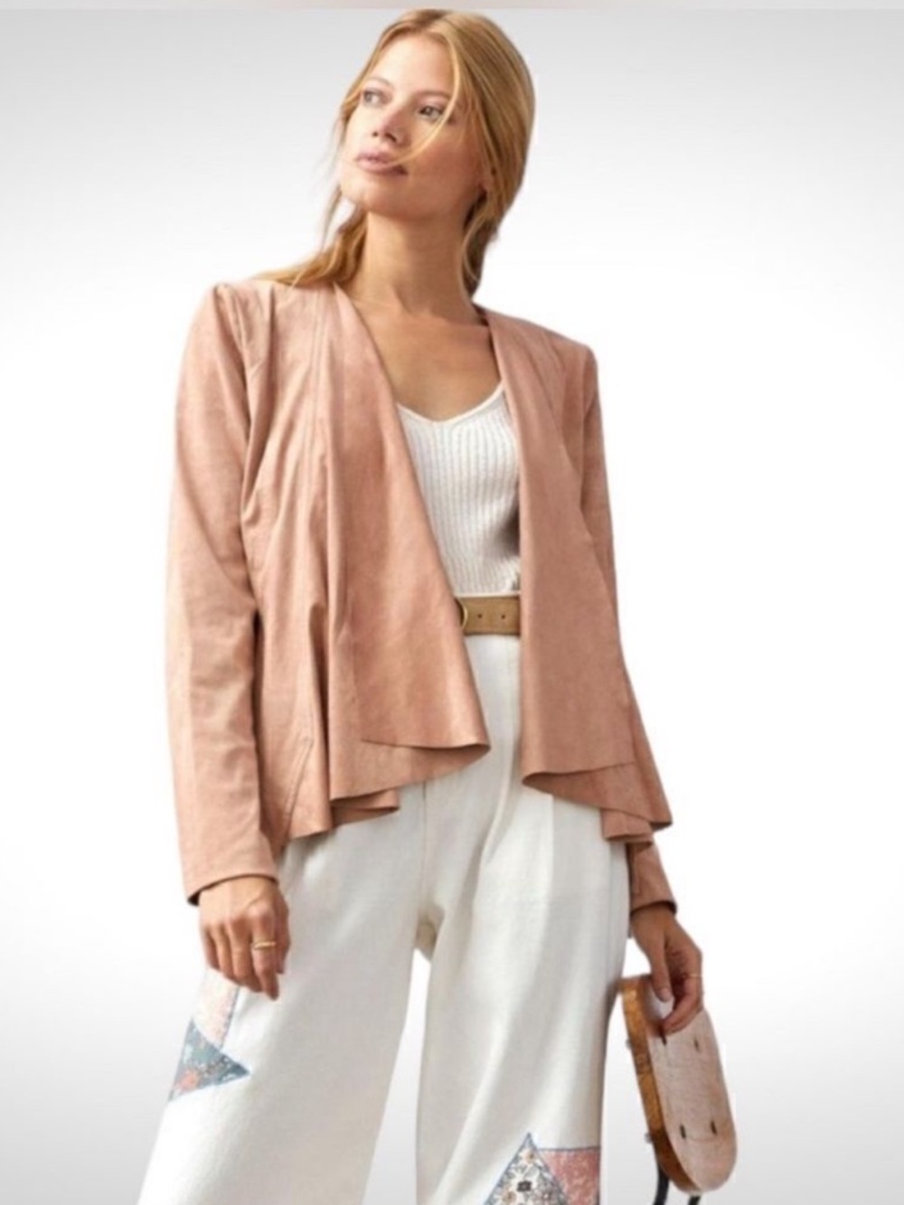 Hutch Anthropologie Open Front Waterfall Jacket Vegan Suede Pink Sz Large